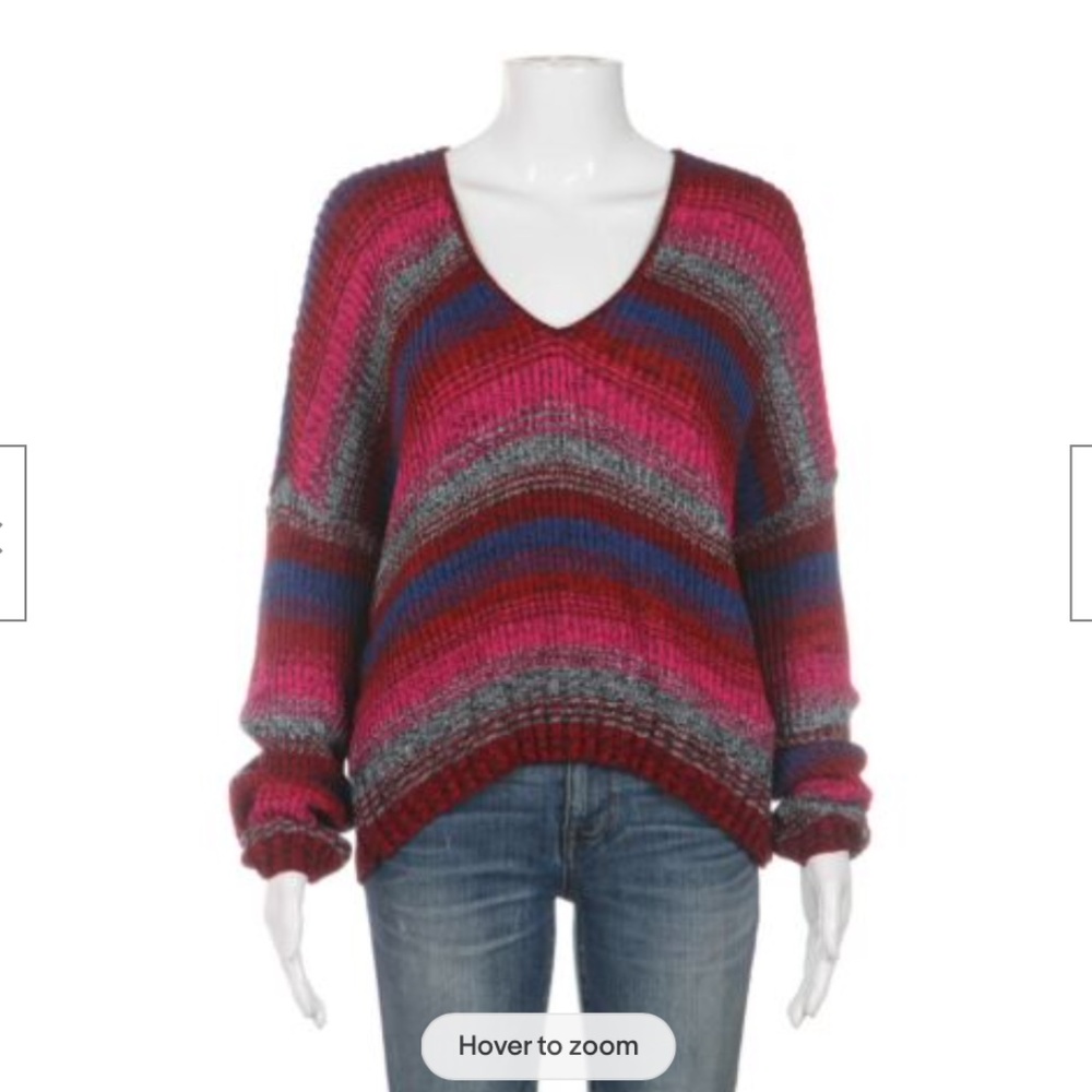 EXPRESS Sweater Red Blue Pink Striped Chunky Slouchy V-Neck